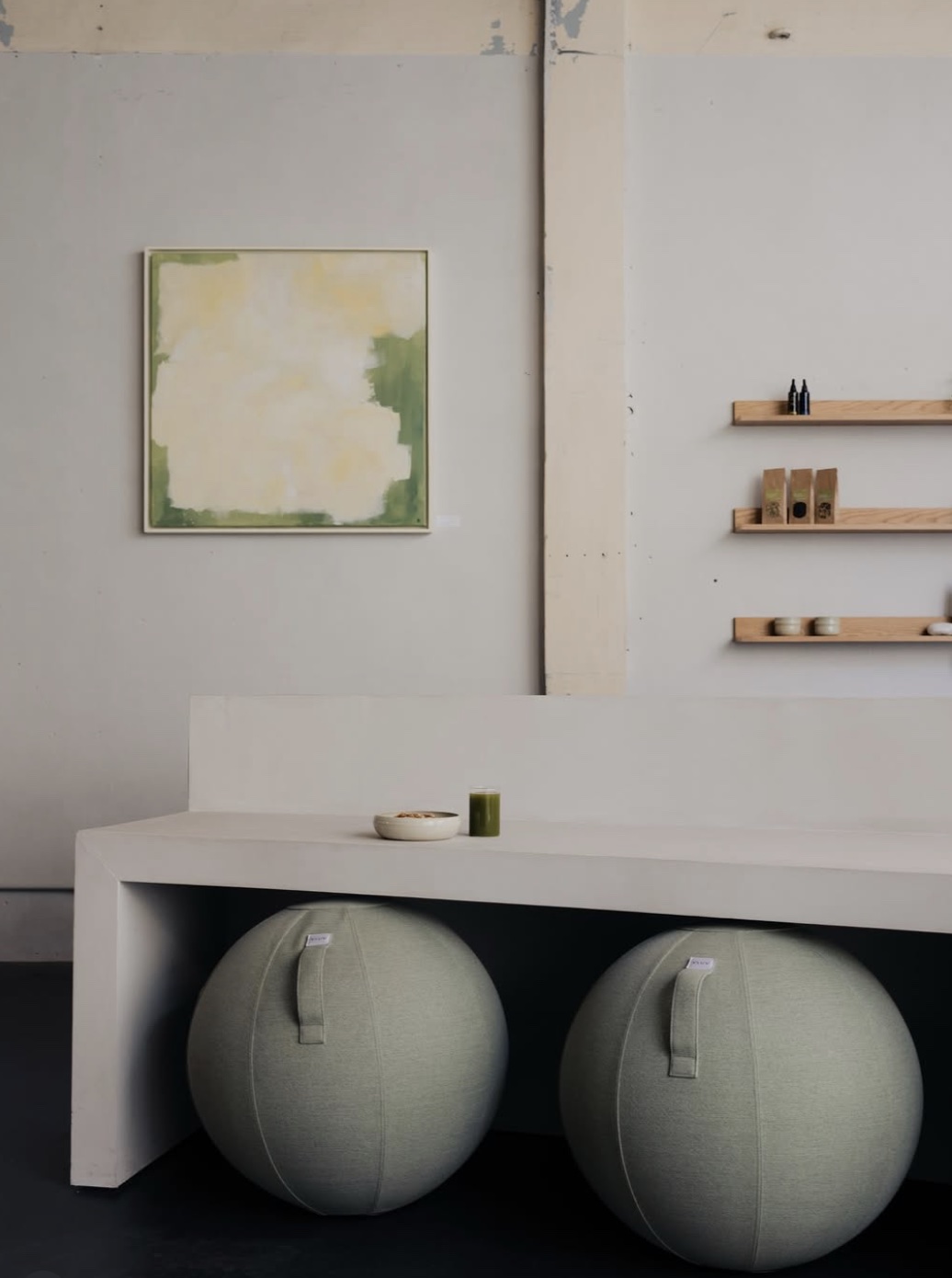Een rustige werkplek bij OAAS met zitballen aan een lange witte tafel